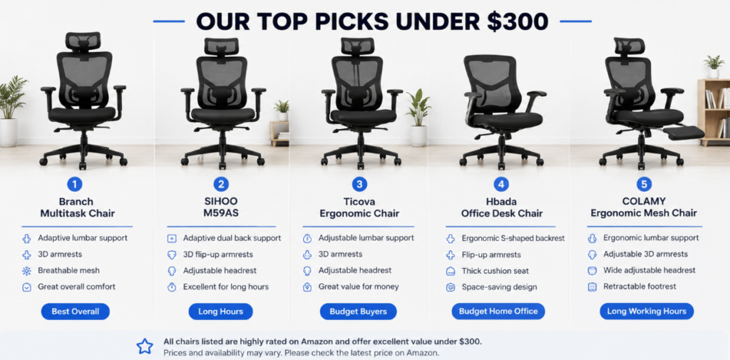Comparison of the best office chairs under $300 including Branch, SIHOO, Ticova, Hbada, and COLAMY