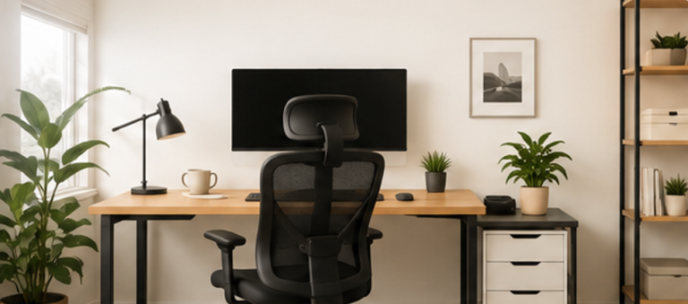 Ergonomic home office setup with an office chair, desk, monitor, and natural lighting