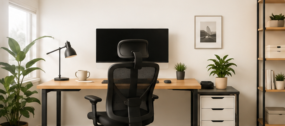 Ergonomic home office setup with an office chair, desk, monitor, and natural lighting