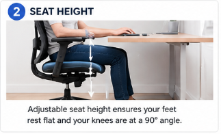 Adjustable office chair seat height helps keep feet flat and knees at a comfortable angle