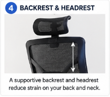 Office chair backrest and headrest provide support for the back, neck, and head