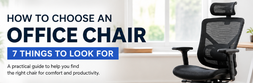 How to choose an office chair with seven key features including lumbar support, seat height, adjustable armrests, and workspace fit