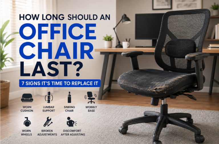 Worn office chair showing seven signs it may be time to replace it