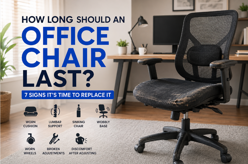 Worn office chair showing seven signs it may be time to replace it