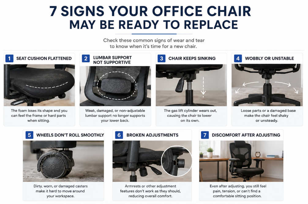 Flattened office chair seat cushion showing signs of wear