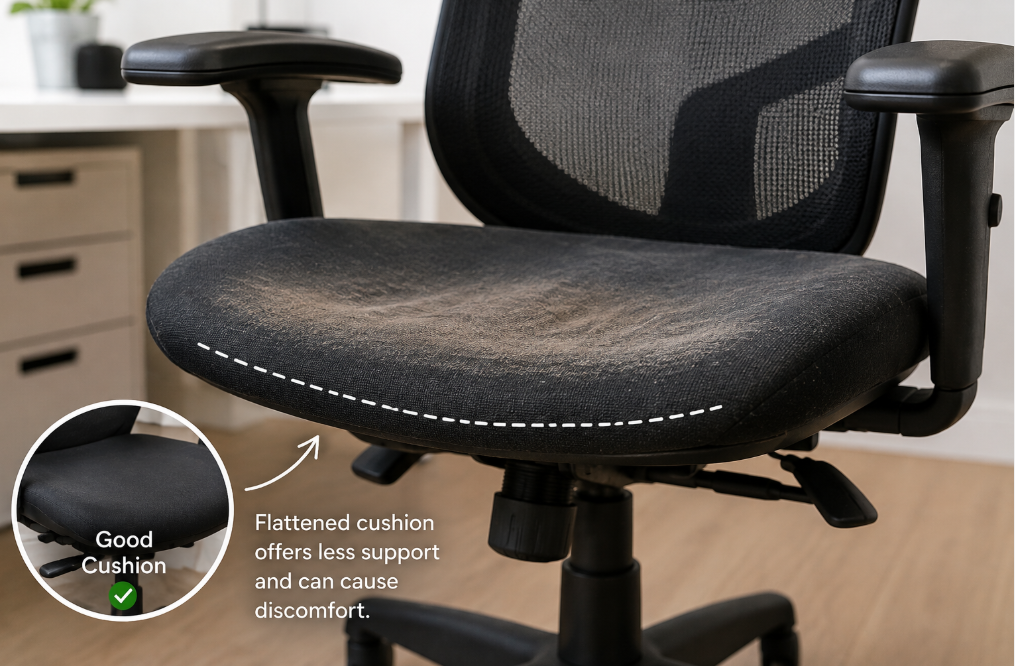 Flattened office chair seat cushion showing signs of wear