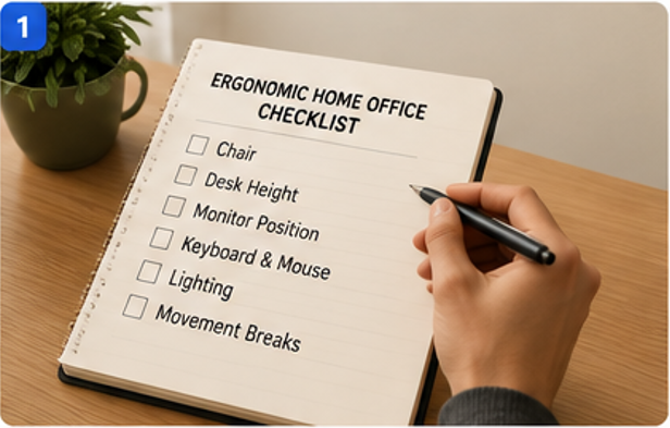 Ergonomic home office checklist covering chair, desk height, monitor position, keyboard, lighting, and movement breaks