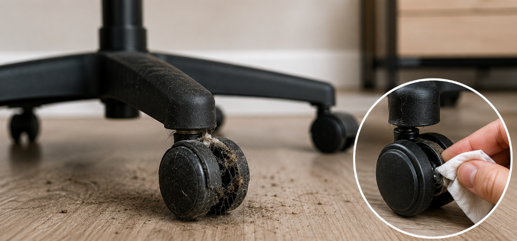 Dirty office chair caster wheel clogged with dust and hair