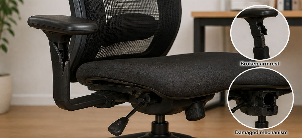 Office chair adjustment mechanisms including adjustable armrests, seat height, backrest, recline tension, headrest, and lumbar support