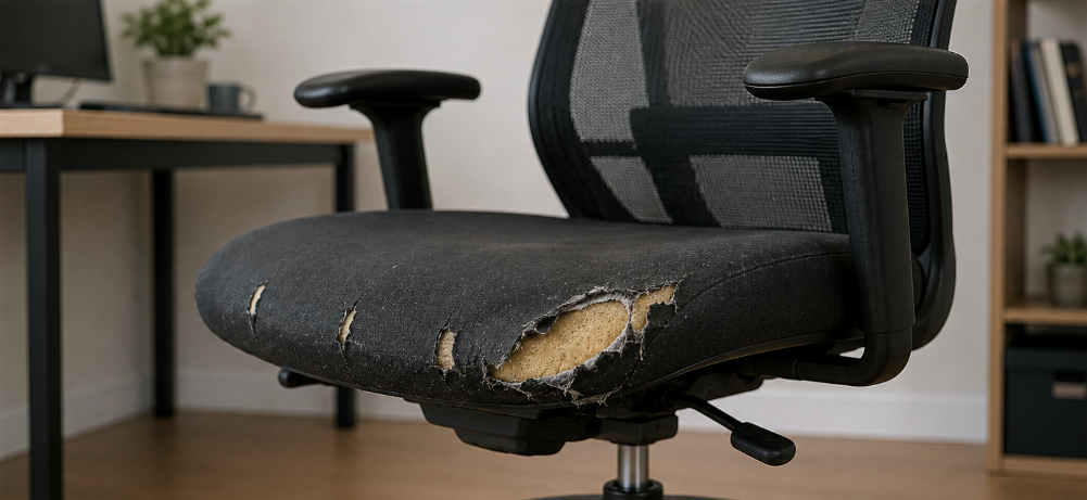 Worn office chair seat with torn fabric and exposed foam