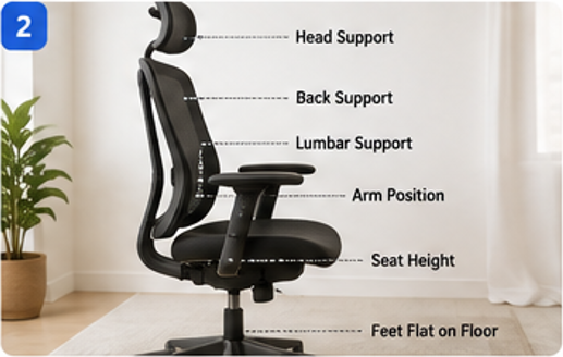 Proper ergonomic office chair setup showing head support, lumbar support, arm position, seat height, and feet placement