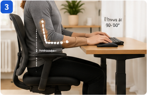 Ergonomic desk setup with elbows positioned at approximately 90 degrees while working