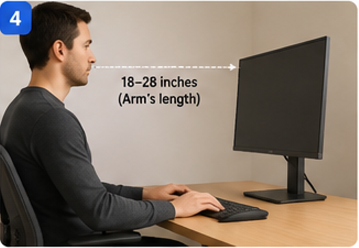 Proper monitor position showing recommended viewing distance and eye level in a home office