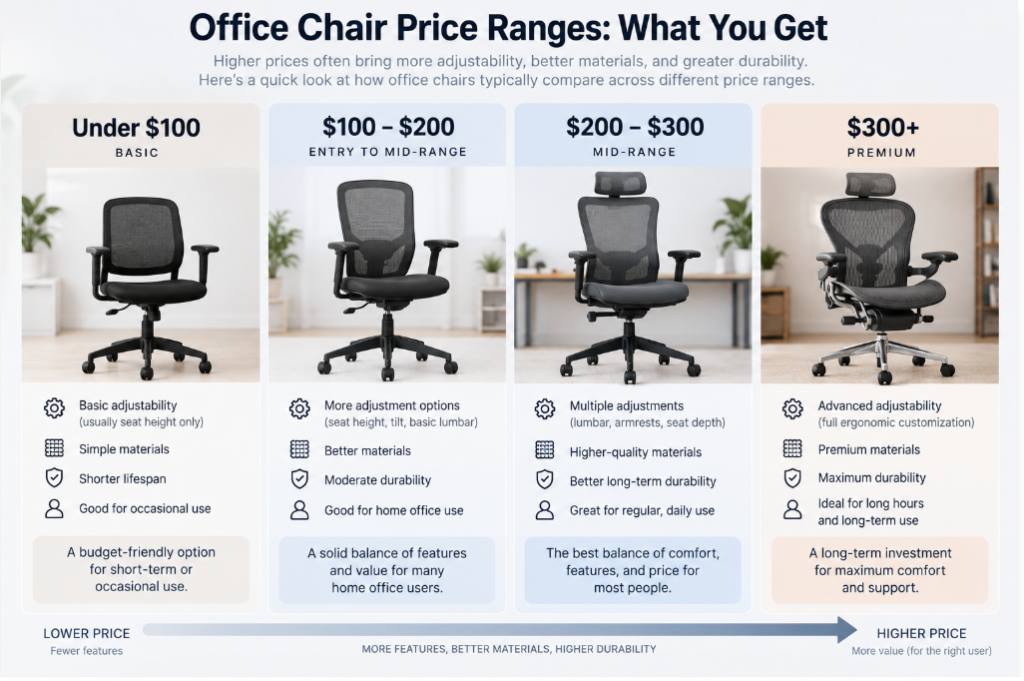 Office chair price ranges from under $100 to over $300 showing differences in features, materials, and durability