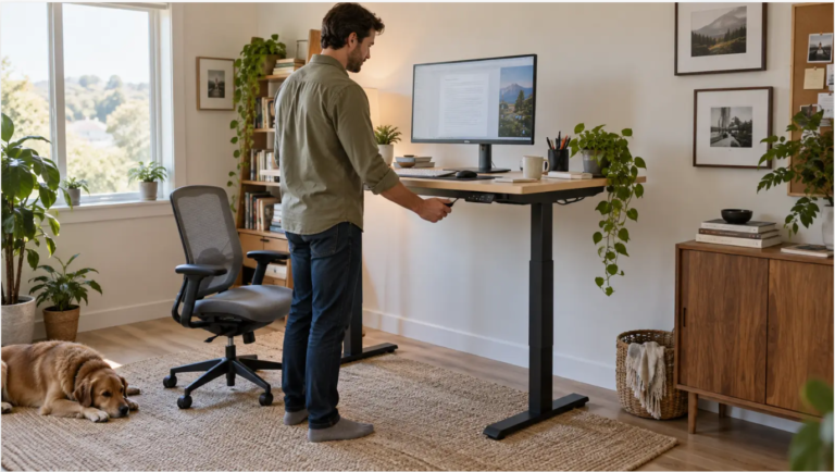 Home office worker adjusting a sit-stand desk between sitting and standing