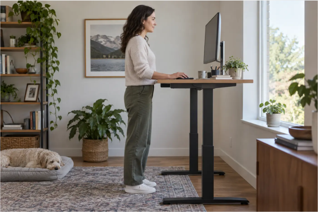 Home office worker using a standing desk with a neutral working posture