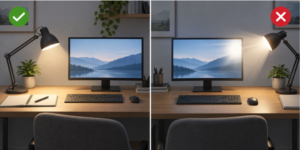 Correct and incorrect desk lamp placement for reducing monitor glare