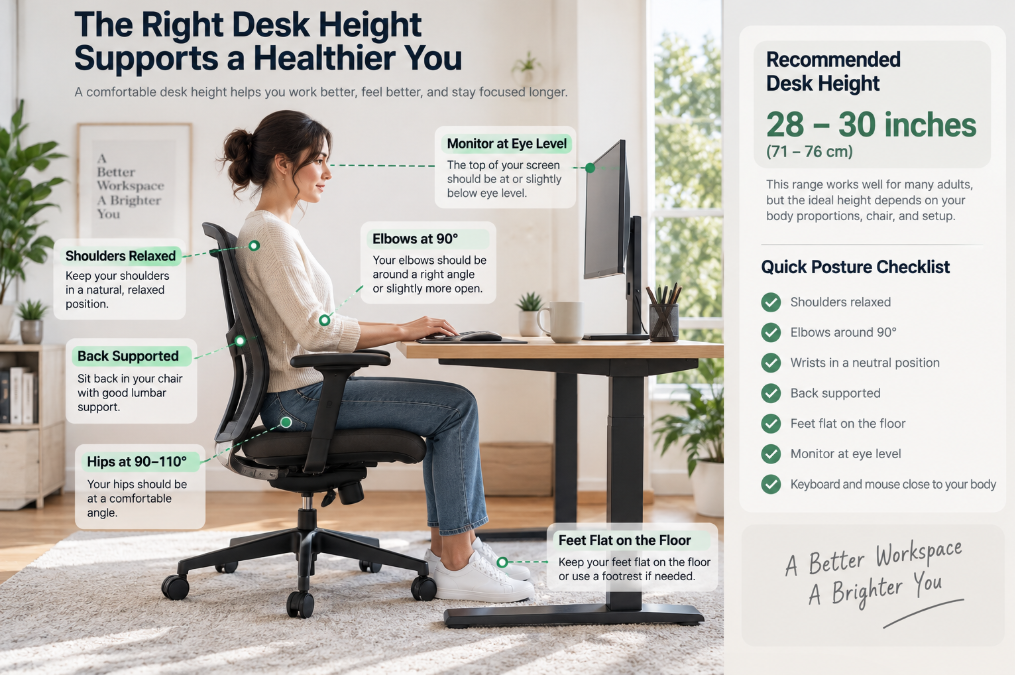 Proper desk height showing relaxed shoulders and comfortable elbow position at a home office