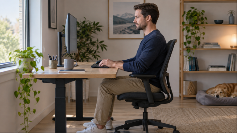 Side view of a person working at a home office desk with a height-adjustable monitor