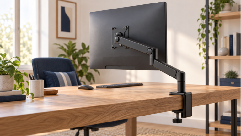 Generic single monitor mounted on an adjustable desk-clamp arm in a bright home office