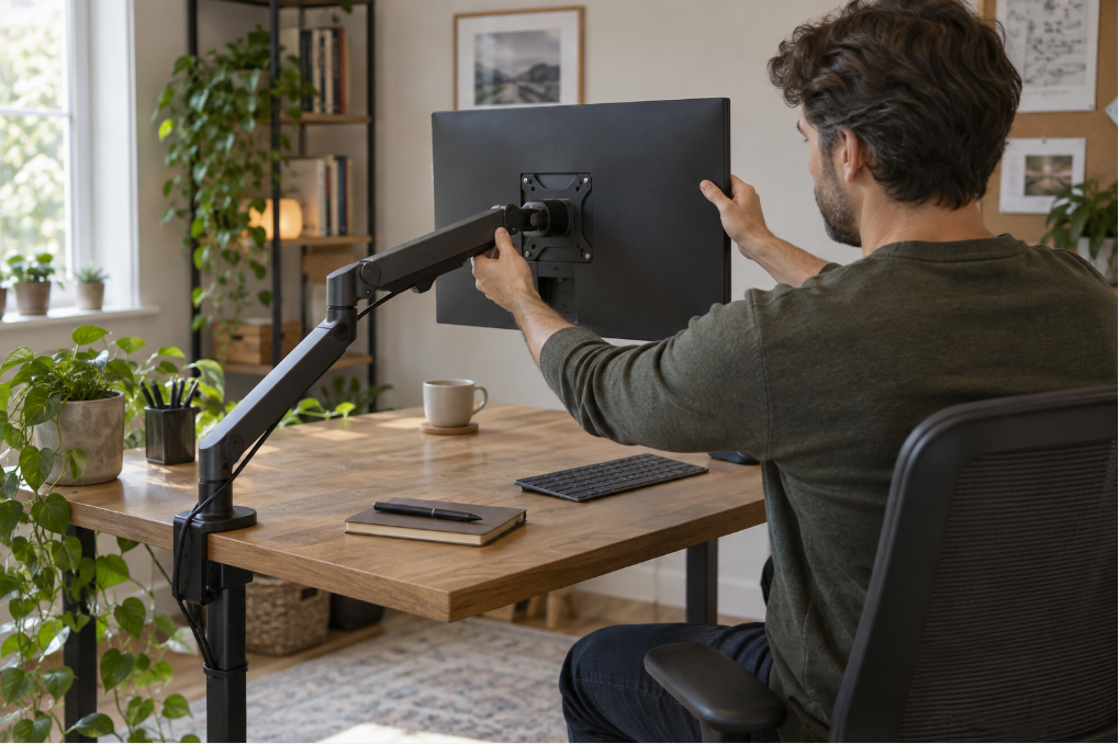 Person adjusting a generic single monitor arm in a home office