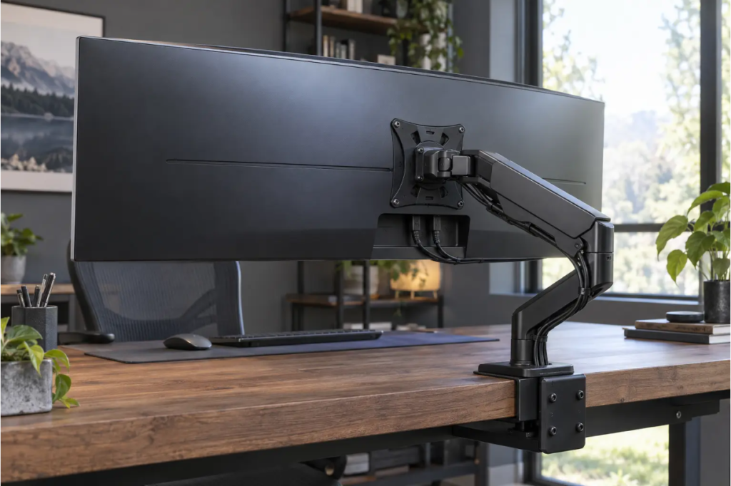 Heavy-duty monitor arm supporting a large curved ultrawide monitor on a wooden desk