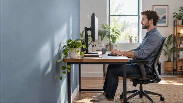 Side view of a home office user seated about an arm’s length from a monitor