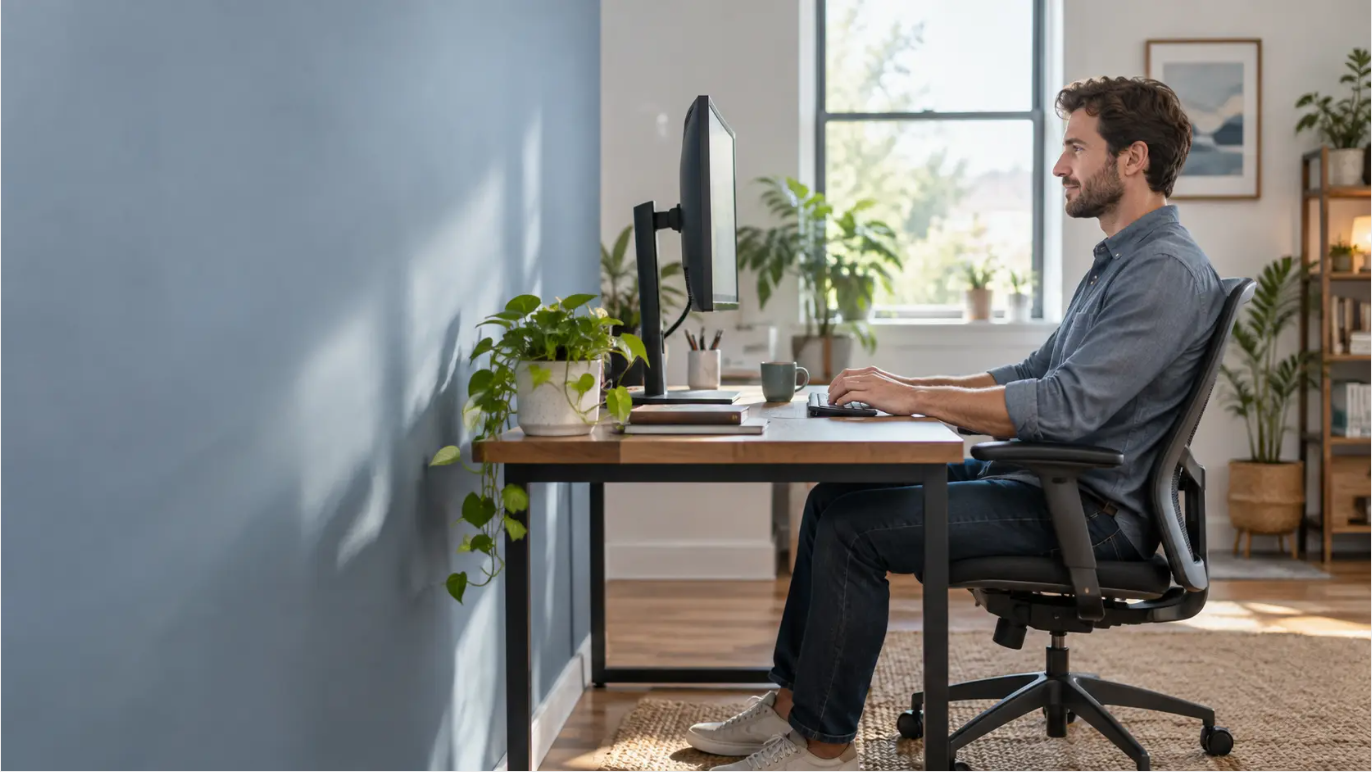 Side view of a home office user seated about an arm’s length from a monitor