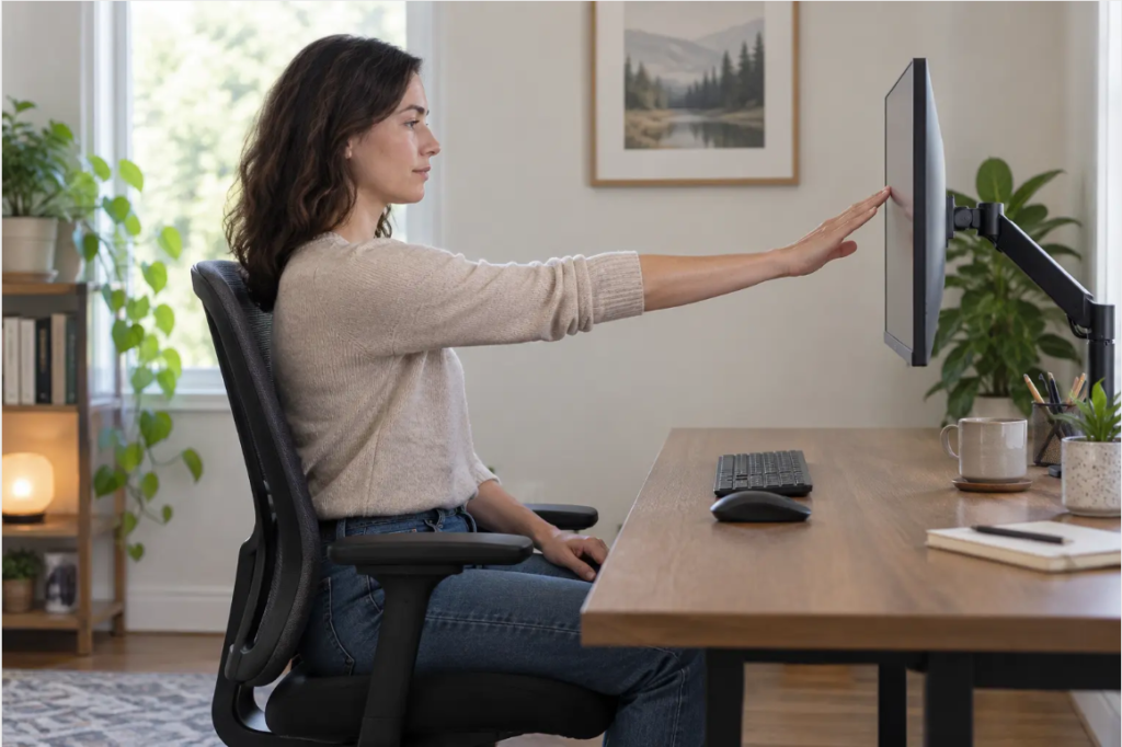 Home office user checking monitor distance with an outstretched arm